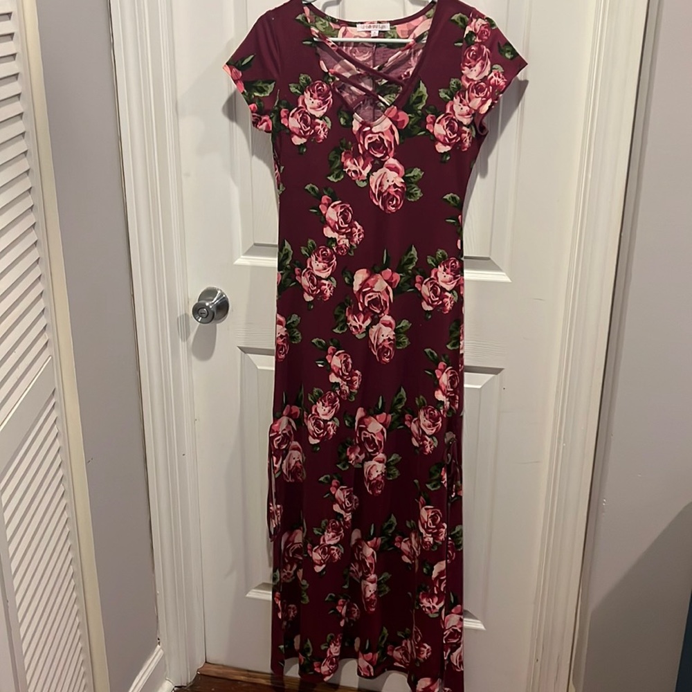Love @ First Sight floral maxi dress with strappy neck and leg slits